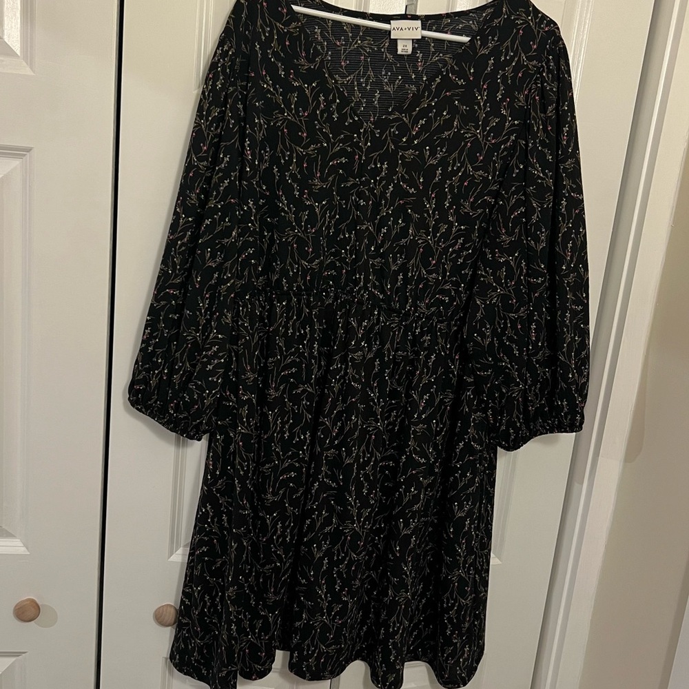 Ava & Viv women's black floral print 3/4 sleeve dress 2X
